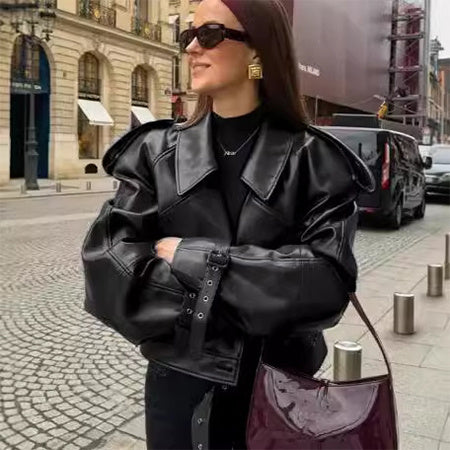 Loose Lapel Leather Jacket Fashion Cropped Tops Streetwear For Womens Clothing - Bellarte Enchanté Loose Lapel Leather Jacket Fashion Cropped Tops Streetwear For Womens Clothing